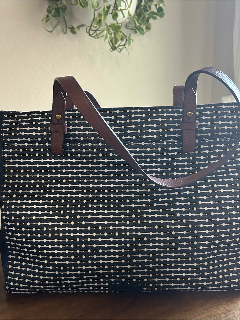 Fossil Classic Black & White Patterned Tote with Brown Handles